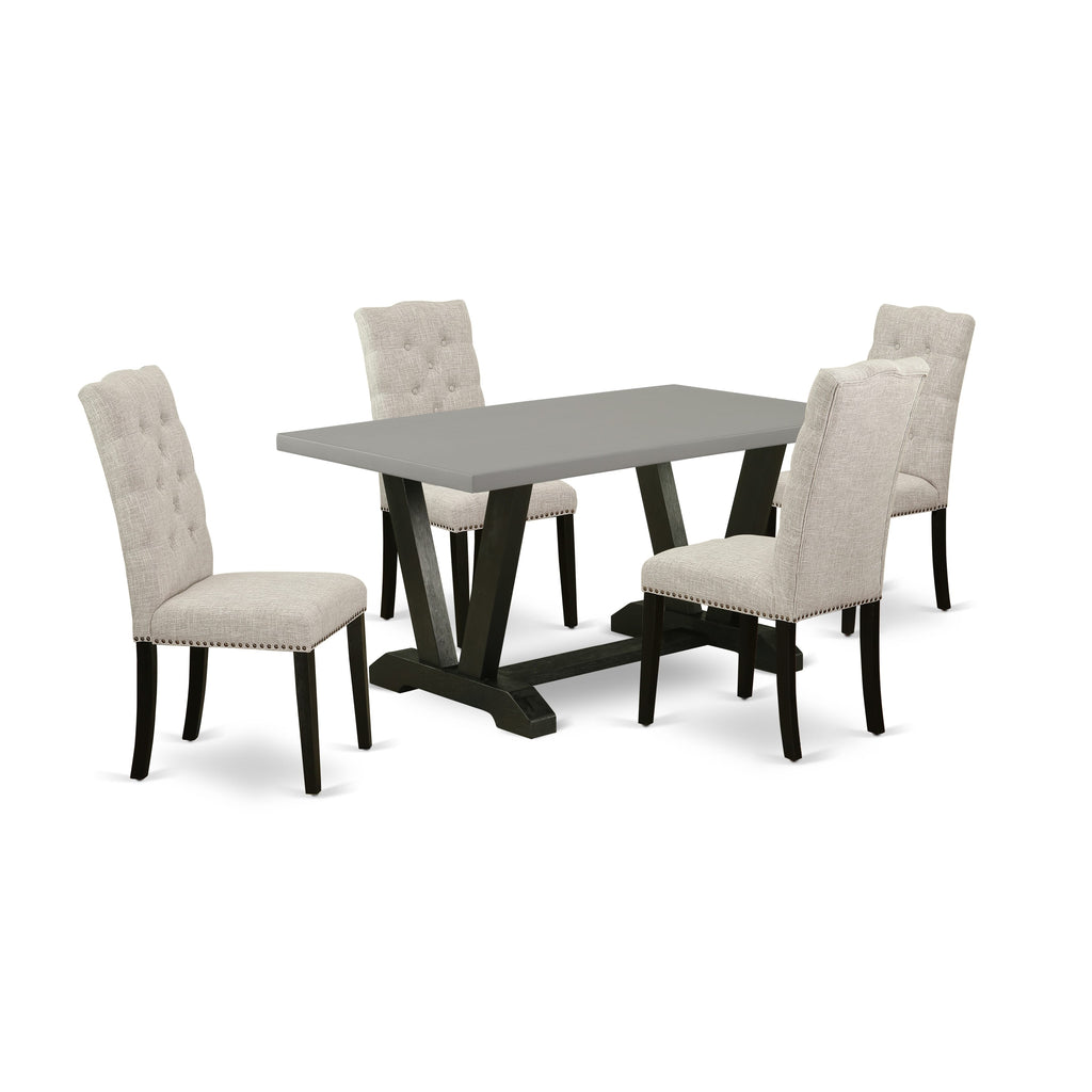 V696EVFUJ-N 5-Piece Dining Ensemble for 4 with V-Leg Rectangular Table and 4 Doeskin Linen Chairs, 36x60, Multi-Color
