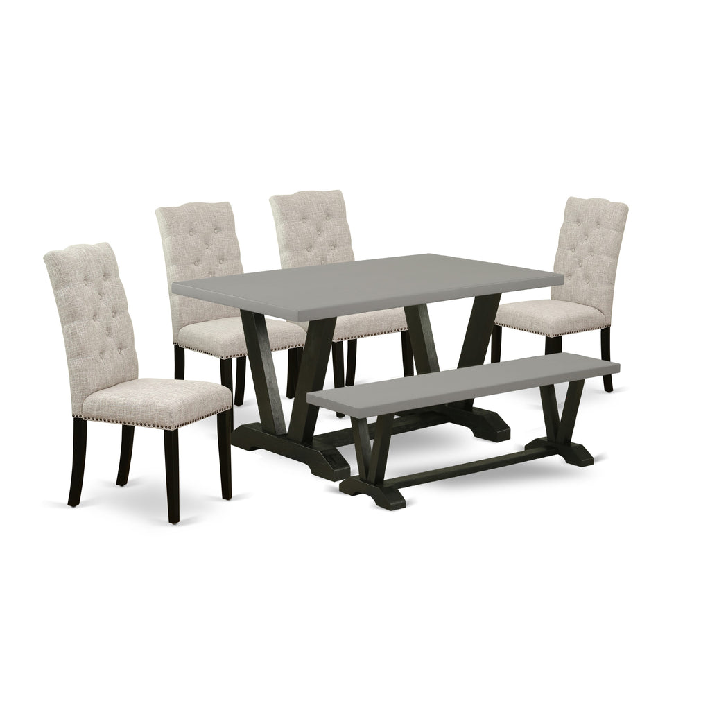 V696EUDO5-6 Dynamic Dining Set 6-Piece Arrangement Featuring Rectangular Kitchen Table, Stylish V-Legs, 4 Elegant Doeskin Parson Chairs, and Practical Bench, 36x60 Multicolored Style