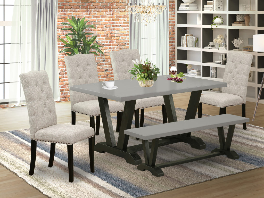 V696EUDO5-6 Dynamic Dining Set 6-Piece Arrangement Featuring Rectangular Kitchen Table, Stylish V-Legs, 4 Elegant Doeskin Parson Chairs, and Practical Bench, 36x60 Multicolored Style