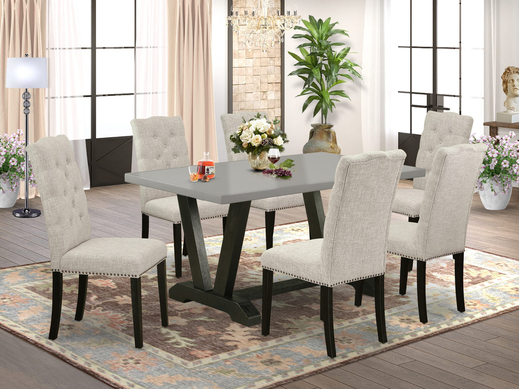 V696EOVPL-L 7-Piece Dining Set Rectangular Table with V-Legs & 6 Doeskin Fabric Chairs, 36x60