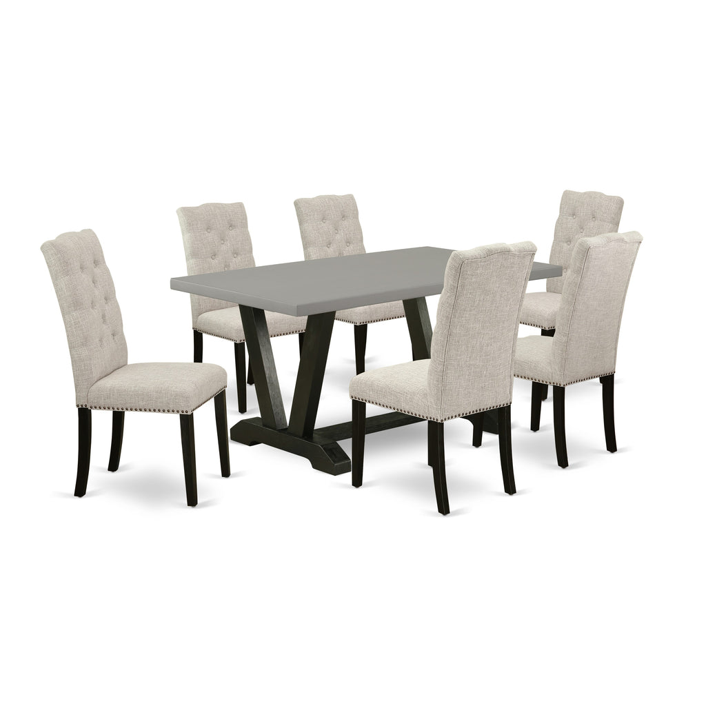 V696EOVPL-L 7-Piece Dining Set Rectangular Table with V-Legs & 6 Doeskin Fabric Chairs, 36x60