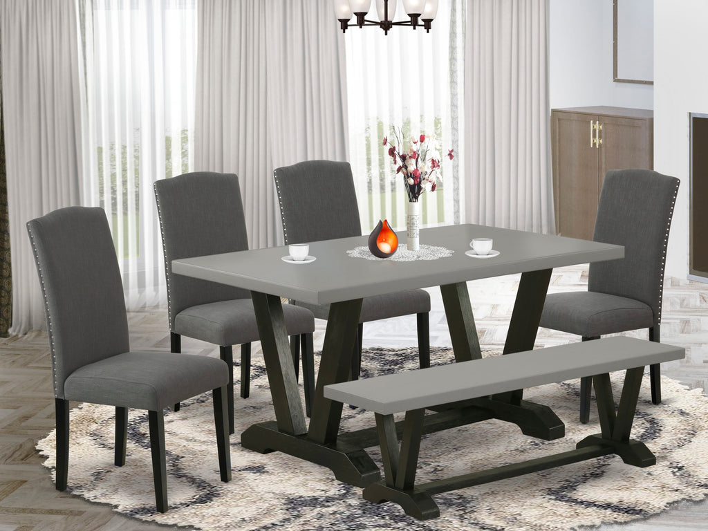 V696EZJ6T-H 6 Piece Dining Set with V-Leg Table, Gotham-Parsons Chairs & Bench, 36x60 Multi-Tone