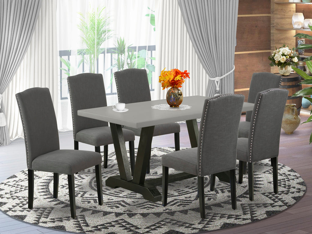 V696EALG6-4 Dining Set Rectangle V-Leg Table & 6 Dark Linen Parson Chairs, Multi-Color Bliss