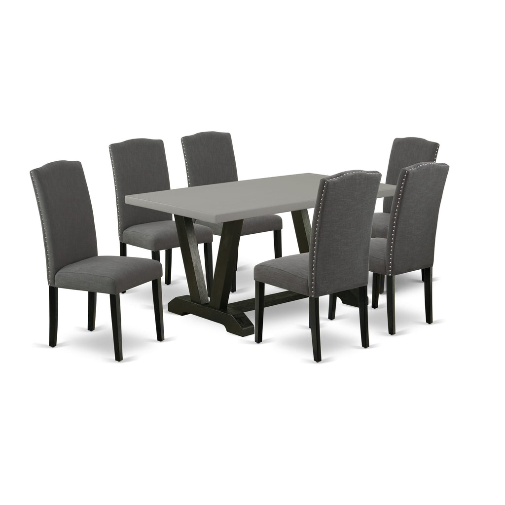 V696EALG6-4 Dining Set Rectangle V-Leg Table & 6 Dark Linen Parson Chairs, Multi-Color Bliss