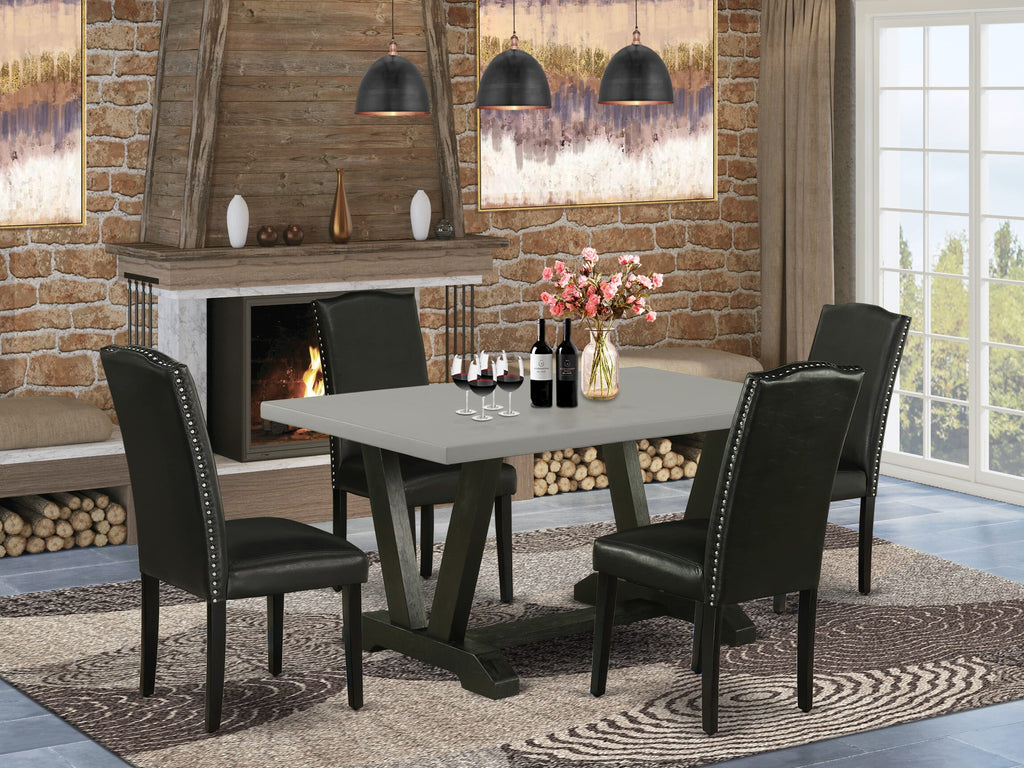 V696EYY47-2 5-Piece Dining Ensemble with V-Shaped Table Legs and Stylish Black Faux Leather Chairs for 4