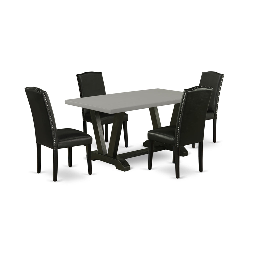 V696EYY47-2 5-Piece Dining Ensemble with V-Shaped Table Legs and Stylish Black Faux Leather Chairs for 4