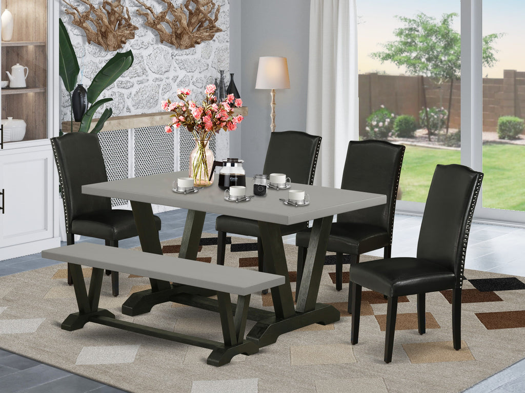 V696EOEW7-J 6-Piece Dining Ensemble with Bench, Rectangle Table & Black Upholstered Chairs in Multi-Color, 36x60