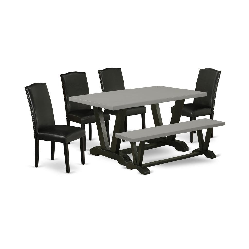 V696EOEW7-J 6-Piece Dining Ensemble with Bench, Rectangle Table & Black Upholstered Chairs in Multi-Color, 36x60