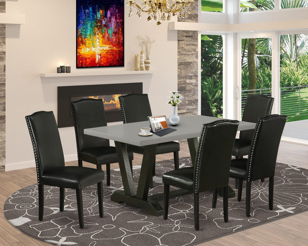 Dining Elegance V696E89WG-L 7-Piece Set Table with V-Legs, 6 Parson Chairs Black Leather Upholstered