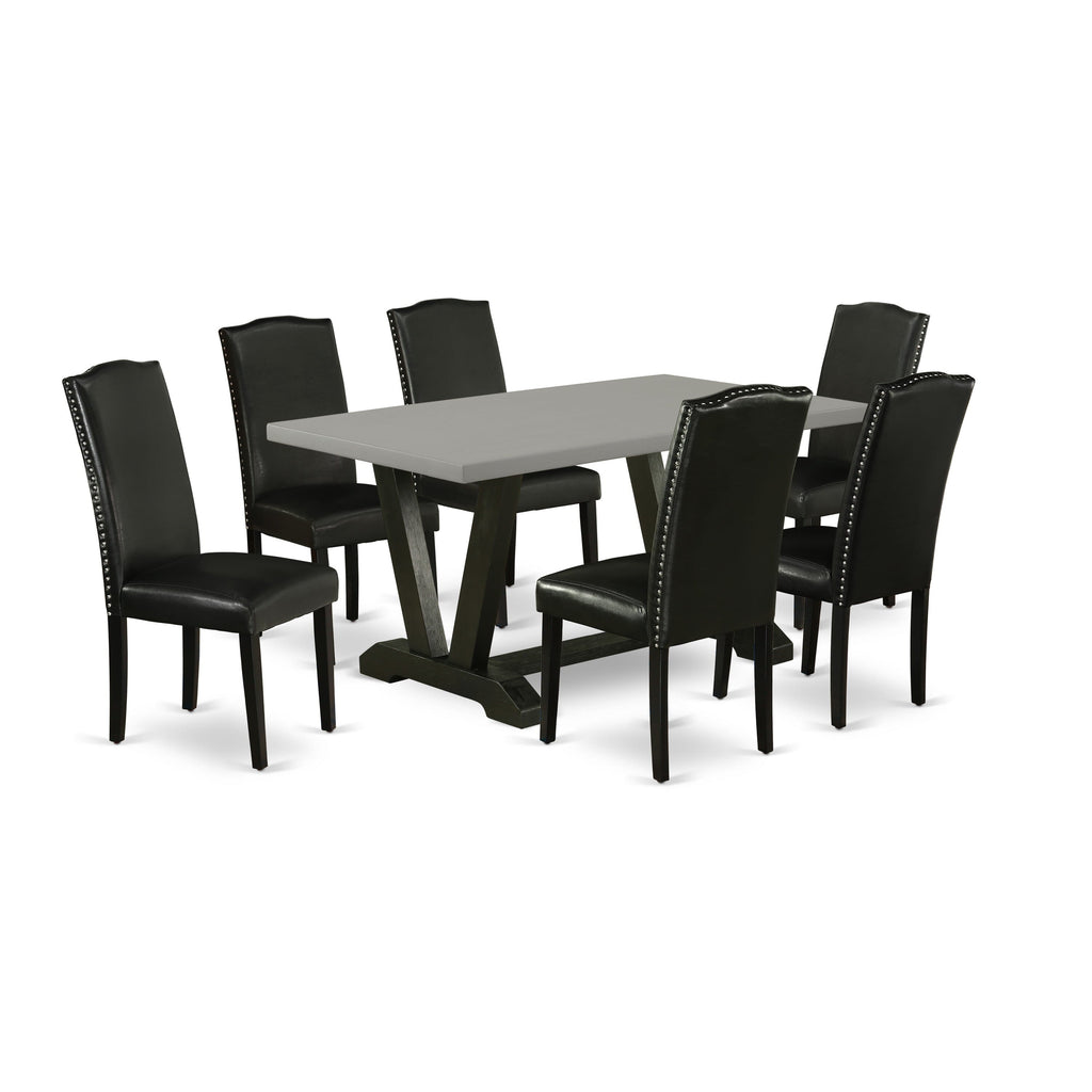 Dining Elegance V696E89WG-L 7-Piece Set Table with V-Legs, 6 Parson Chairs Black Leather Upholstered