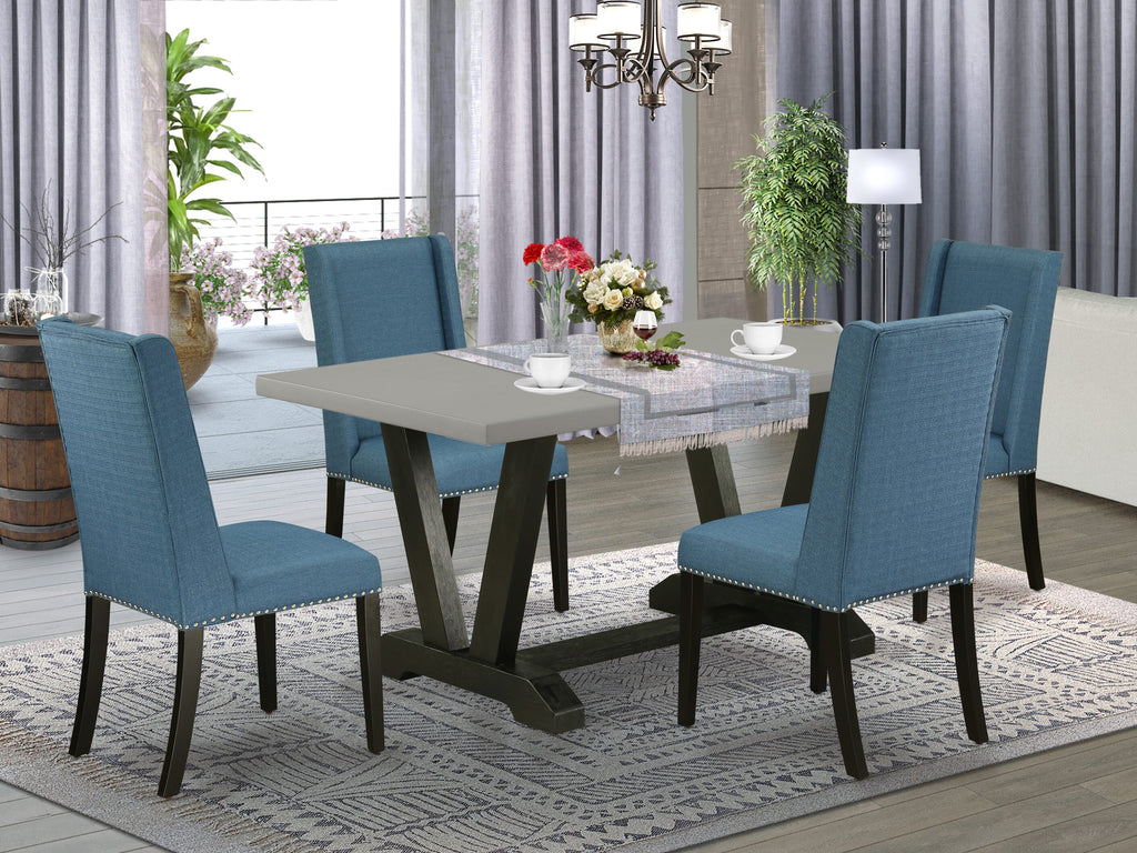 V696FL5WT-L 5-Piece Dining Set with V-Leg Table & 4 Blue Chairs, 36x60, Multi-Color