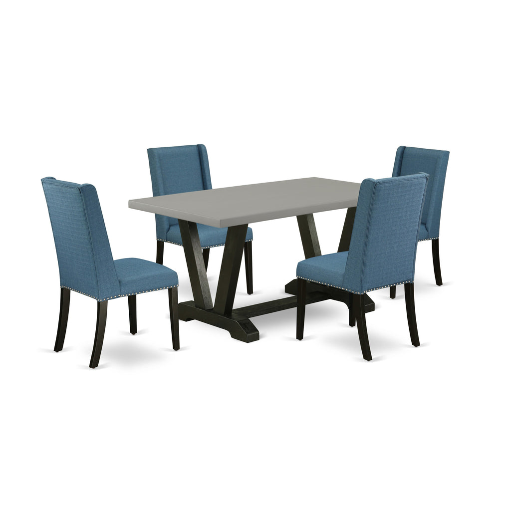 V696FL5WT-L 5-Piece Dining Set with V-Leg Table & 4 Blue Chairs, 36x60, Multi-Color