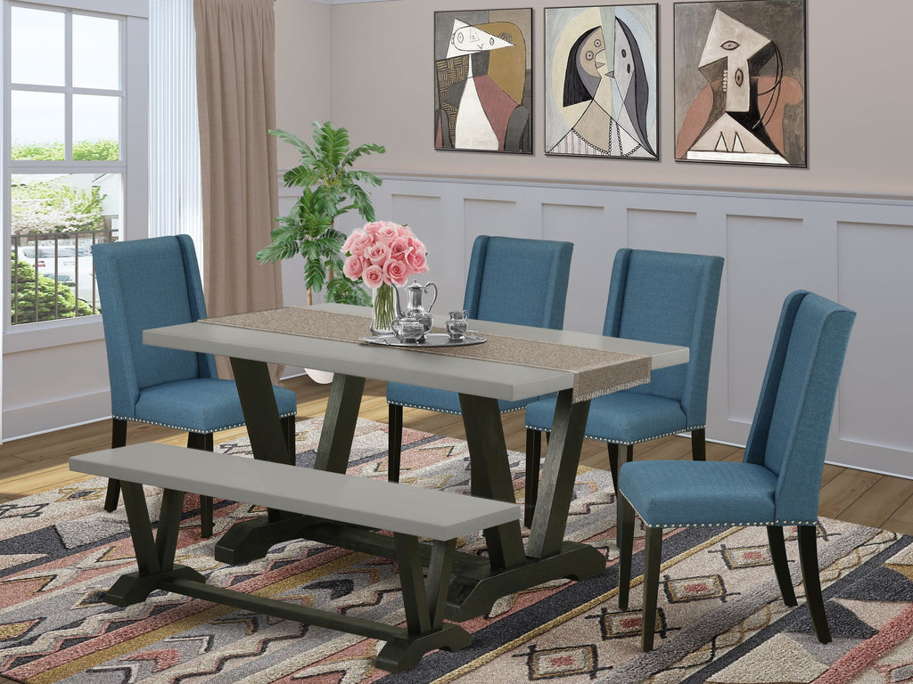 V696F9UL0-T 6-Piece Dining Ensemble Rectangular Table with V-Legs, Blue Upholstered Chairs & Bench