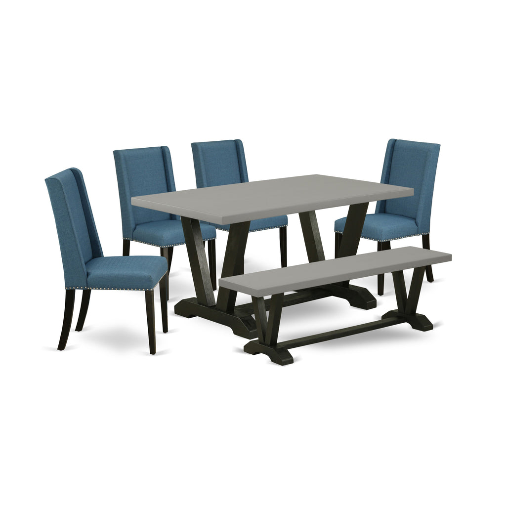 V696F9UL0-T 6-Piece Dining Ensemble Rectangular Table with V-Legs, Blue Upholstered Chairs & Bench