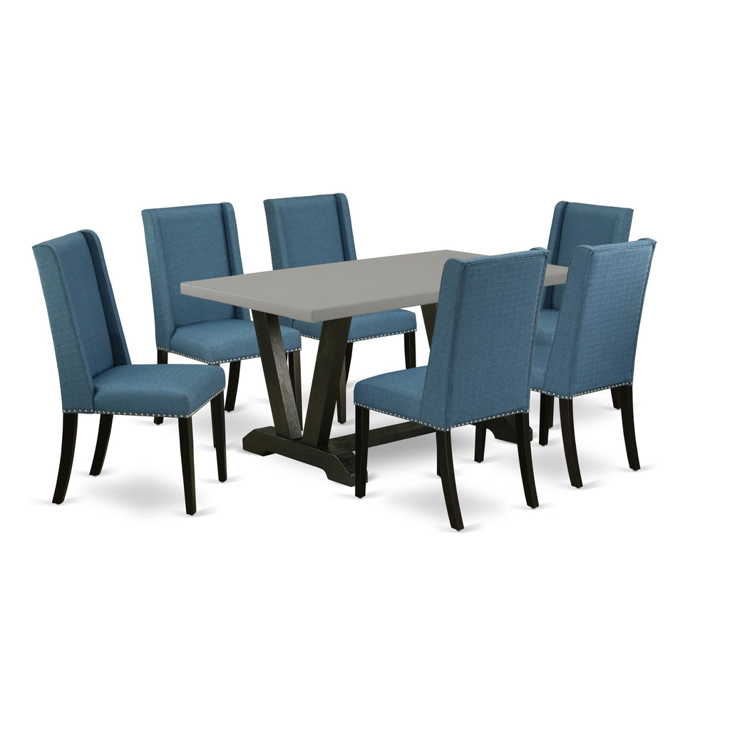 V696FYHVY-7 Elegant 7-Piece Dining Collection with V-Stand Table and Blue Fabric Chairs, 36x60