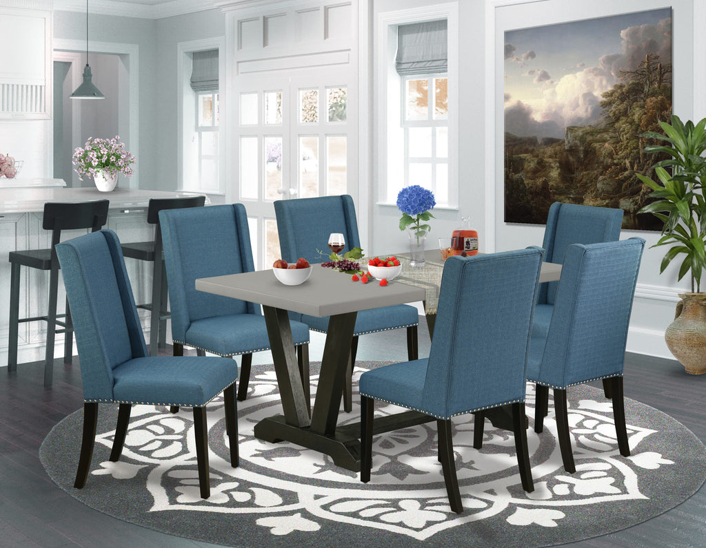V696FYHVY-7 Elegant 7-Piece Dining Collection with V-Stand Table and Blue Fabric Chairs, 36x60
