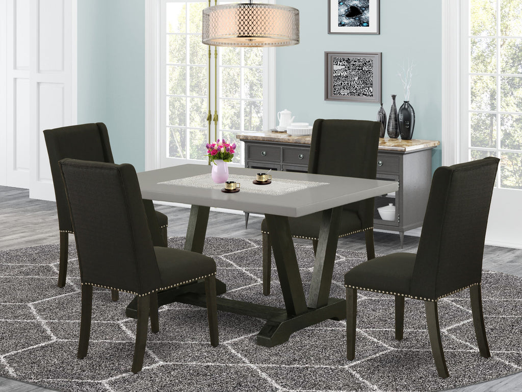 Dining Set V696FGVEX-V Rectangular Table with V-Legs & 4 Parson Chairs, Black Linen