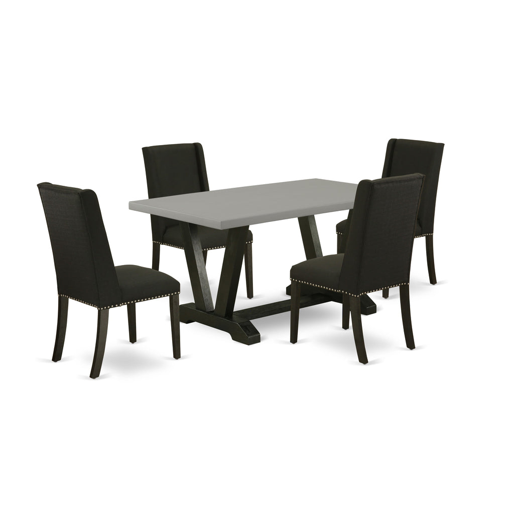 Dining Set V696FGVEX-V Rectangular Table with V-Legs & 4 Parson Chairs, Black Linen