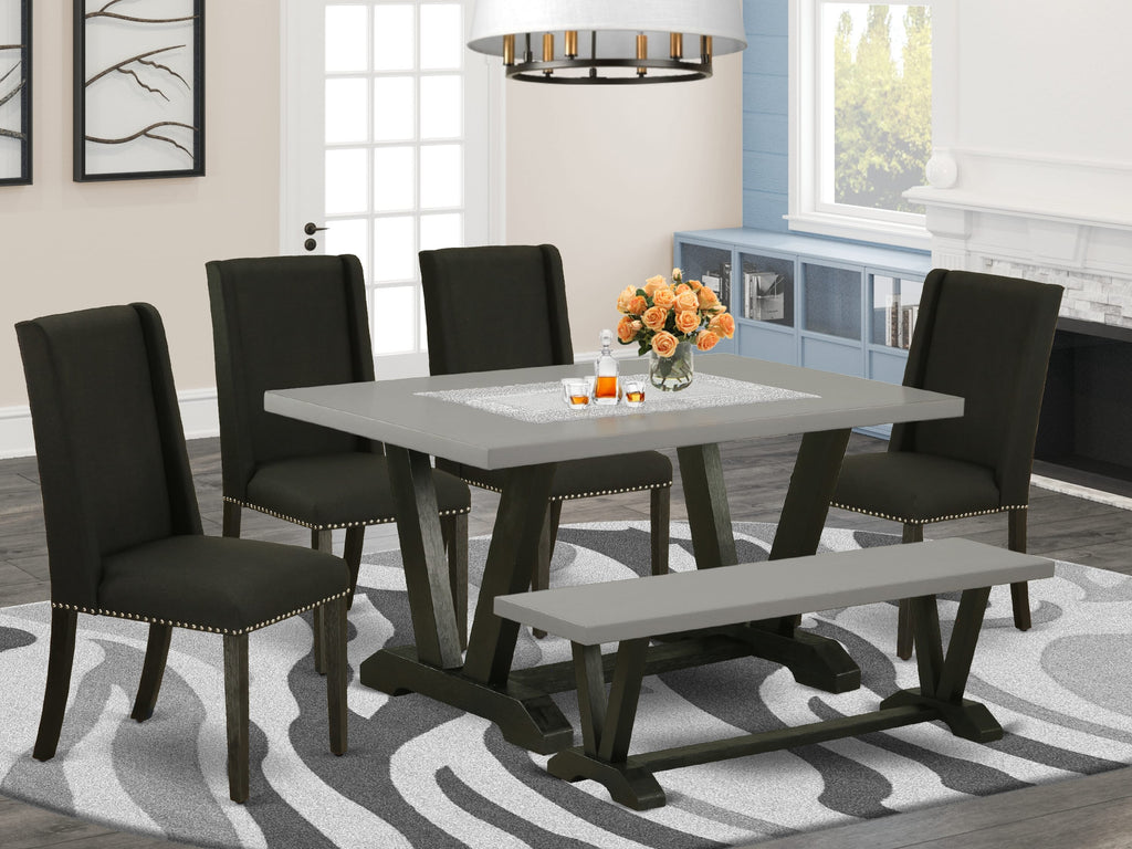 V696FAZBW-G 6 Piece Contemporary Set with V-Leg Table, Black Parson Chairs, and Bench, 36x60