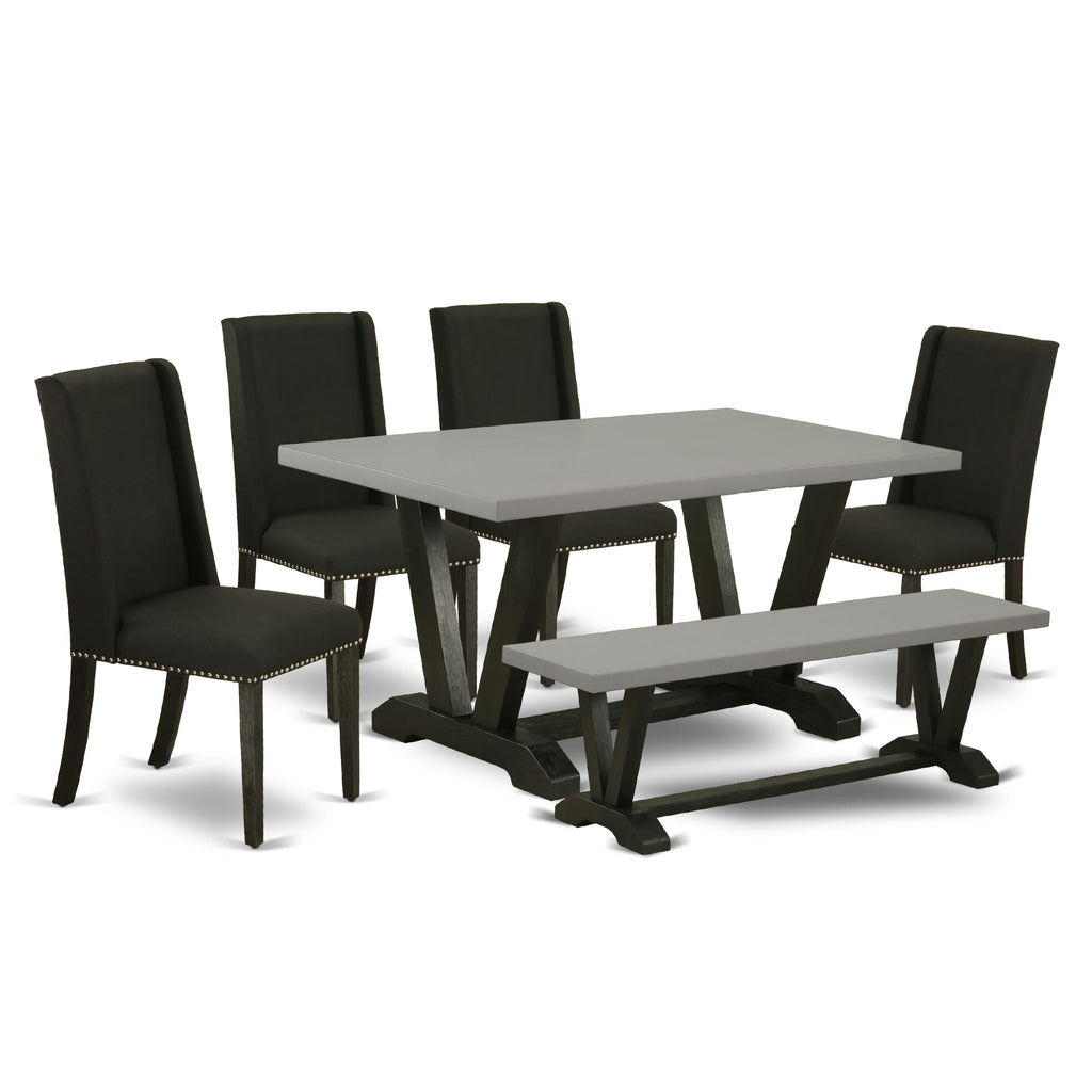V696FAZBW-G 6 Piece Contemporary Set with V-Leg Table, Black Parson Chairs, and Bench, 36x60
