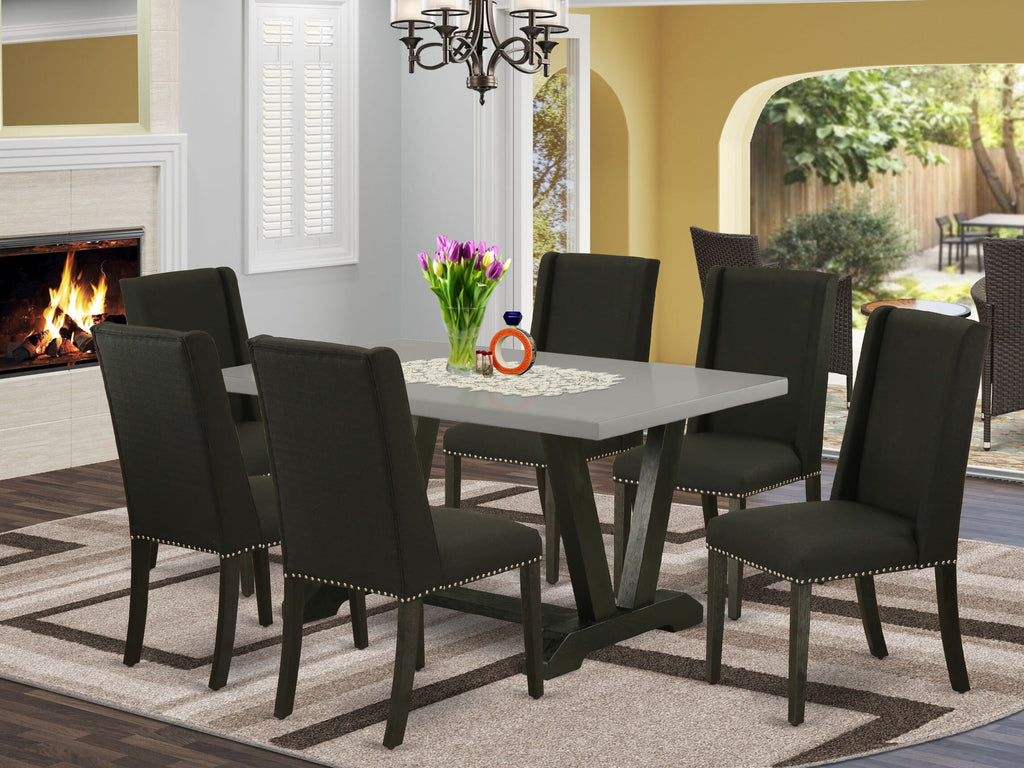 V696FPRLY-Z Dynamic 7-Piece Dining Ensemble with V-Leg Table and Elegantly Upholstered Chairs