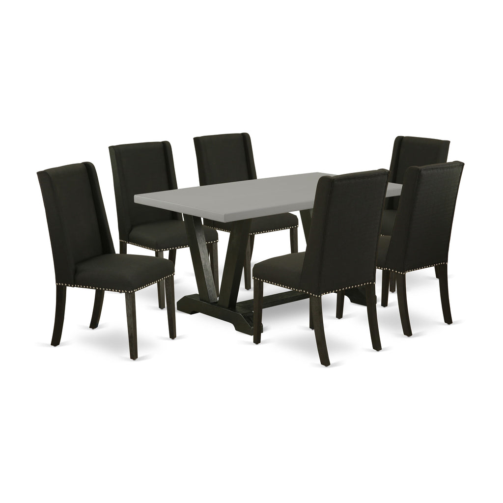 V696FPRLY-Z Dynamic 7-Piece Dining Ensemble with V-Leg Table and Elegantly Upholstered Chairs