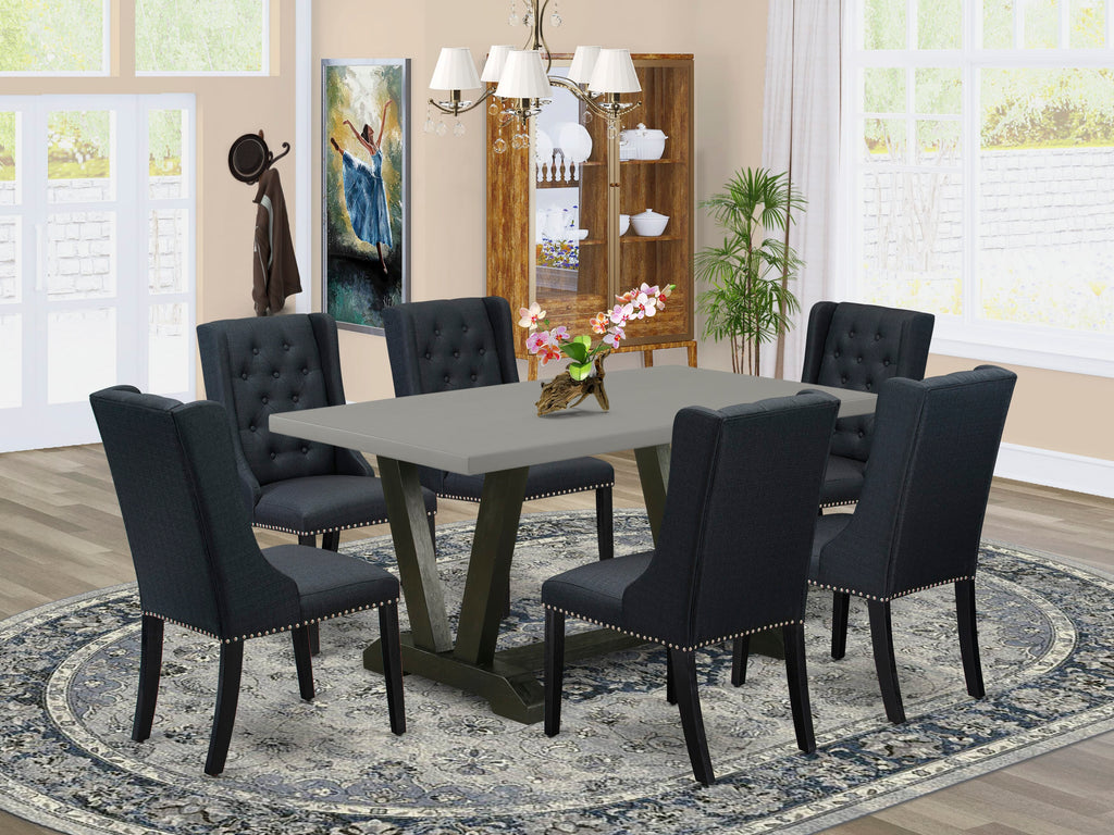 V696FGPUF-W 7 Piece Set Rectangular Dining Table with V-Legs & 6 Black Fabric Chairs