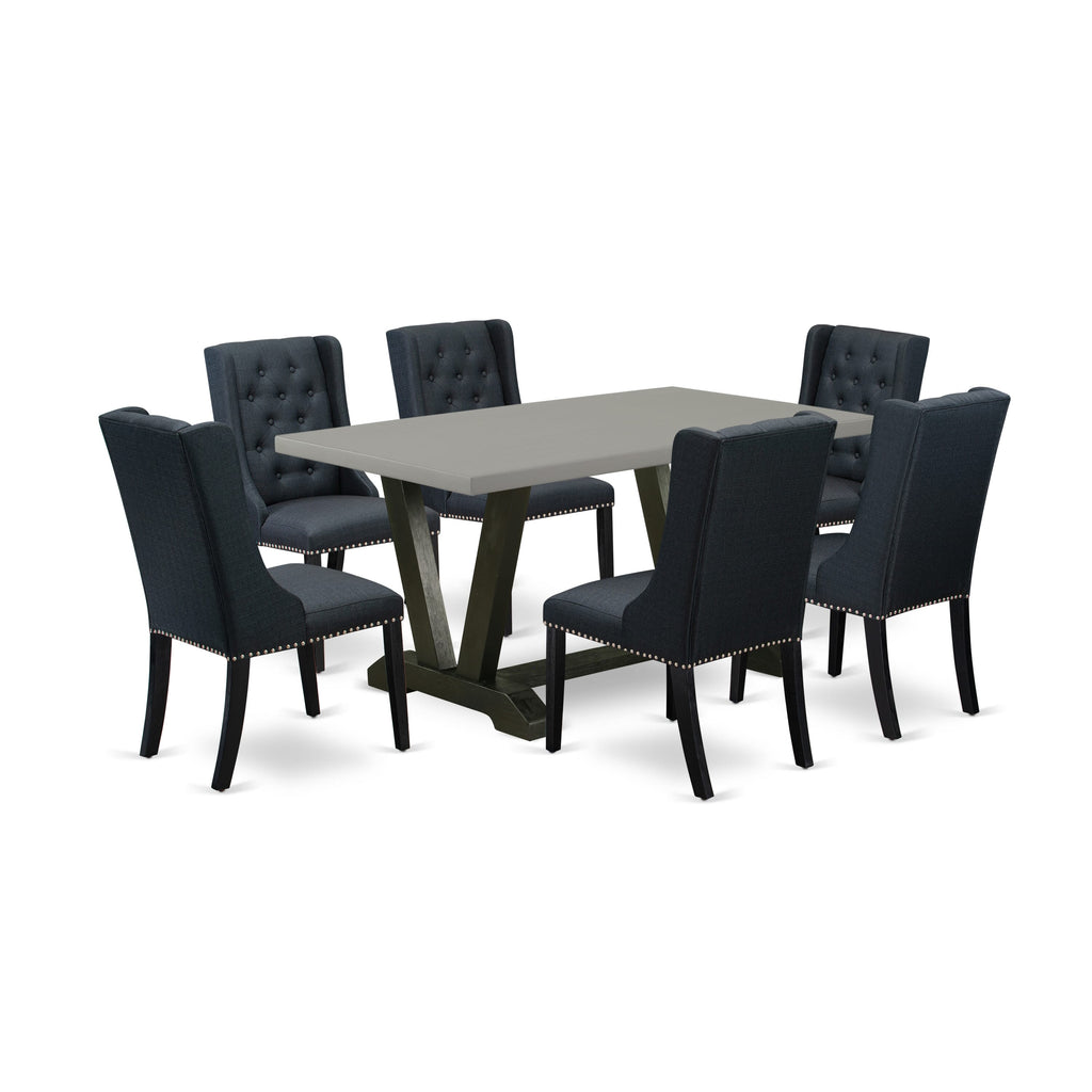 V696FGPUF-W 7 Piece Set Rectangular Dining Table with V-Legs & 6 Black Fabric Chairs