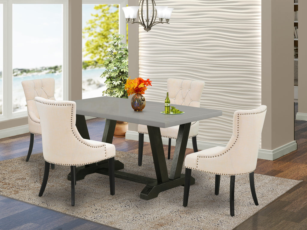 V696F9670-I Five-Piece Dining Set with V-Leg Table & Parsons Chairs, Light Beige Linen Upholstery
