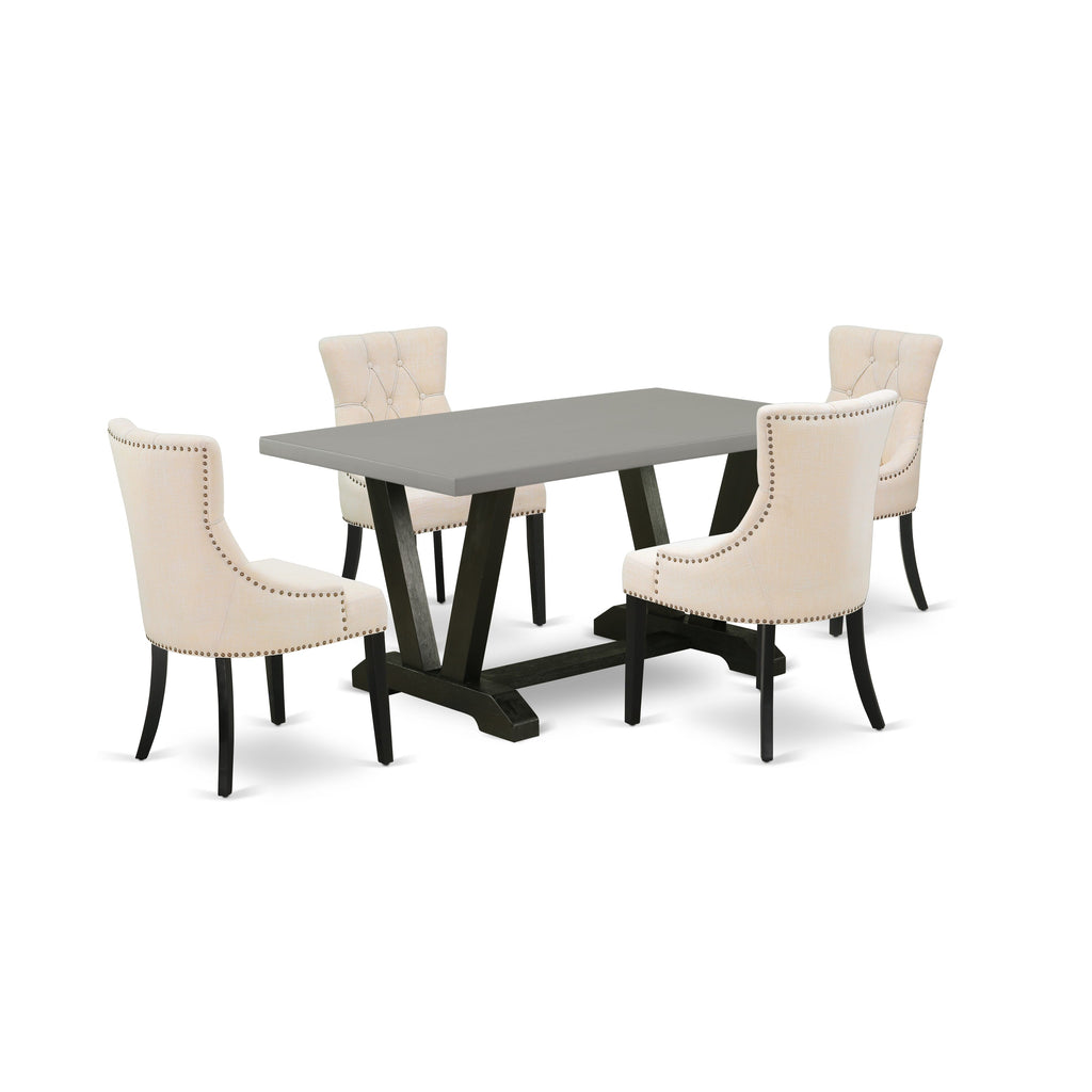 V696F9670-I Five-Piece Dining Set with V-Leg Table & Parsons Chairs, Light Beige Linen Upholstery