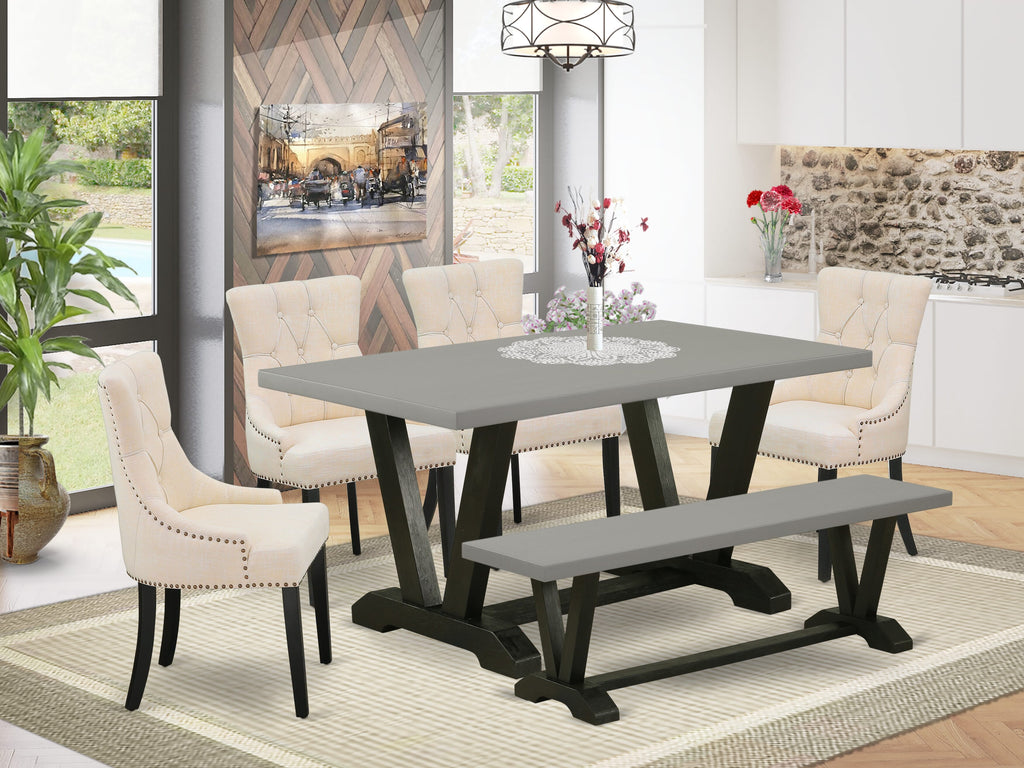 V696FVLPC-8 Elegant Dining Ensemble with Rectangular Wooden Table and Linen Seats, Six-Piece Furniture Set Featuring V-Legs and Multi-Shade Upholstery