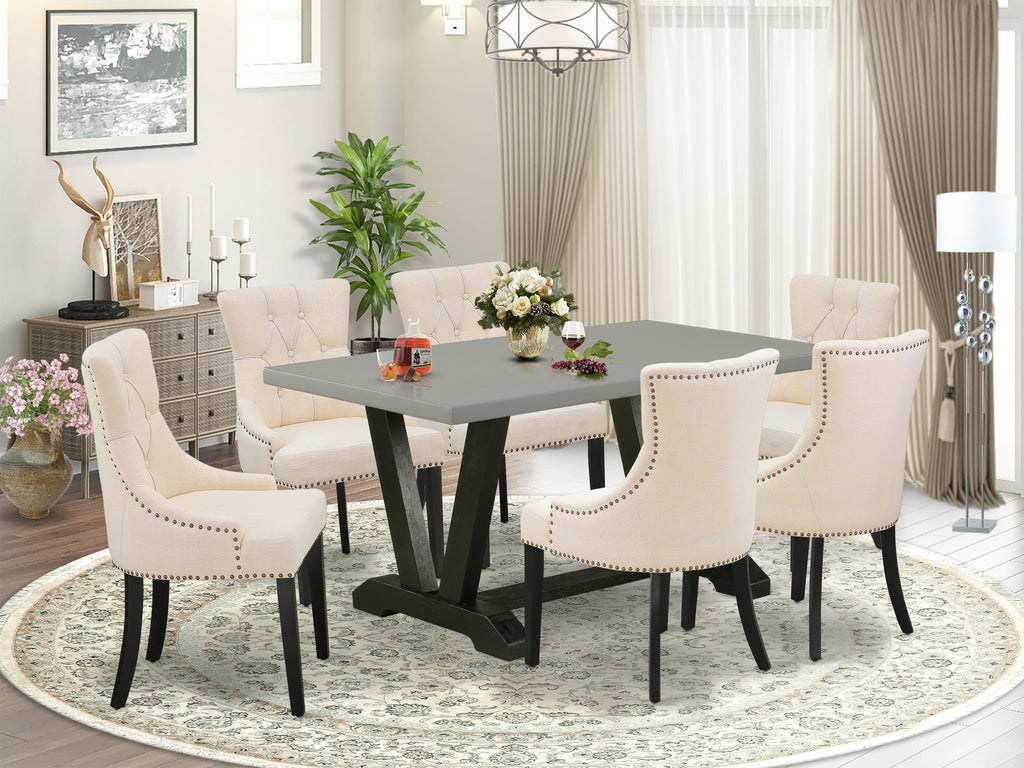 V696FCZU9-F 7-Piece Dining Ensemble with Rectangular Table and V-Legs, Plus 6 Beige Linen Parson Chairs, 36x60 Multi-Color Set