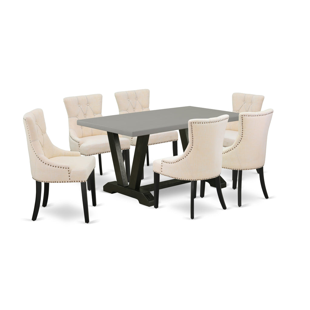 V696FCZU9-F 7-Piece Dining Ensemble with Rectangular Table and V-Legs, Plus 6 Beige Linen Parson Chairs, 36x60 Multi-Color Set
