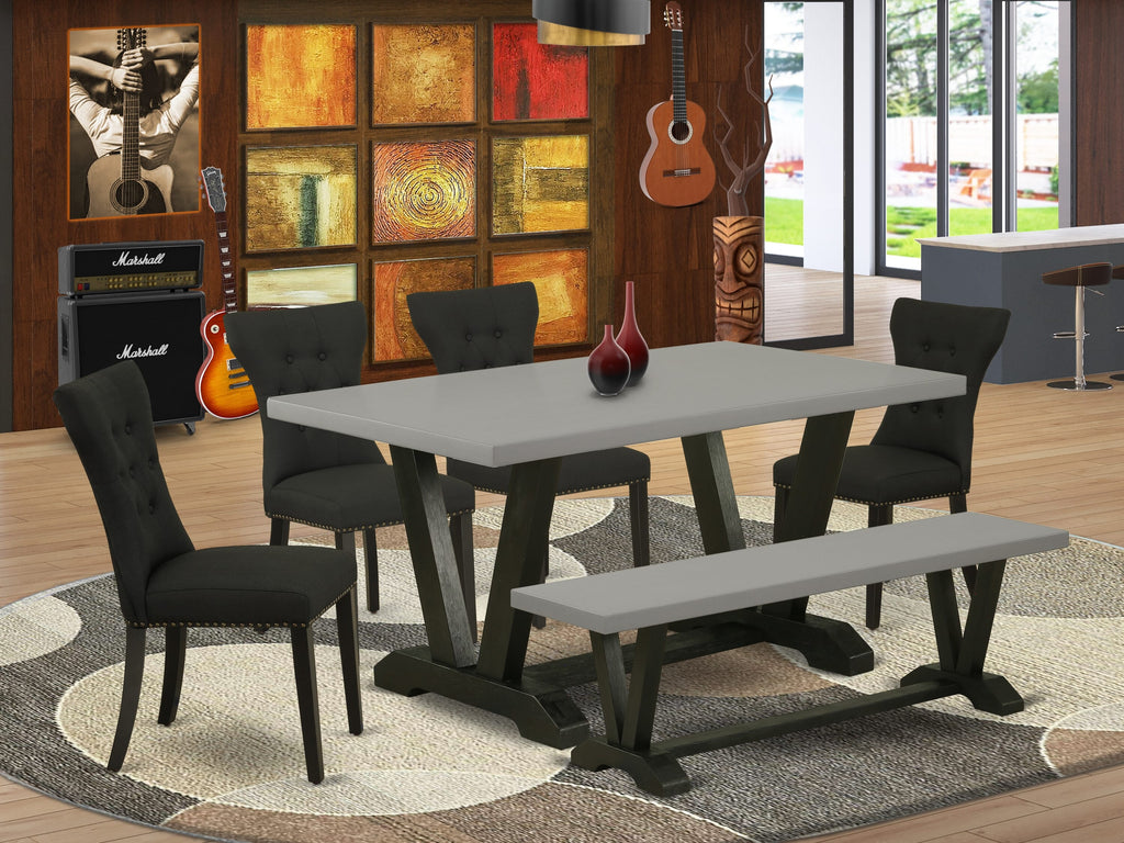 V696GVS2C-4 Modern Dining Ensemble Rectangular Table with 4 Chic Chairs & Elegant Bench in Dual Tones