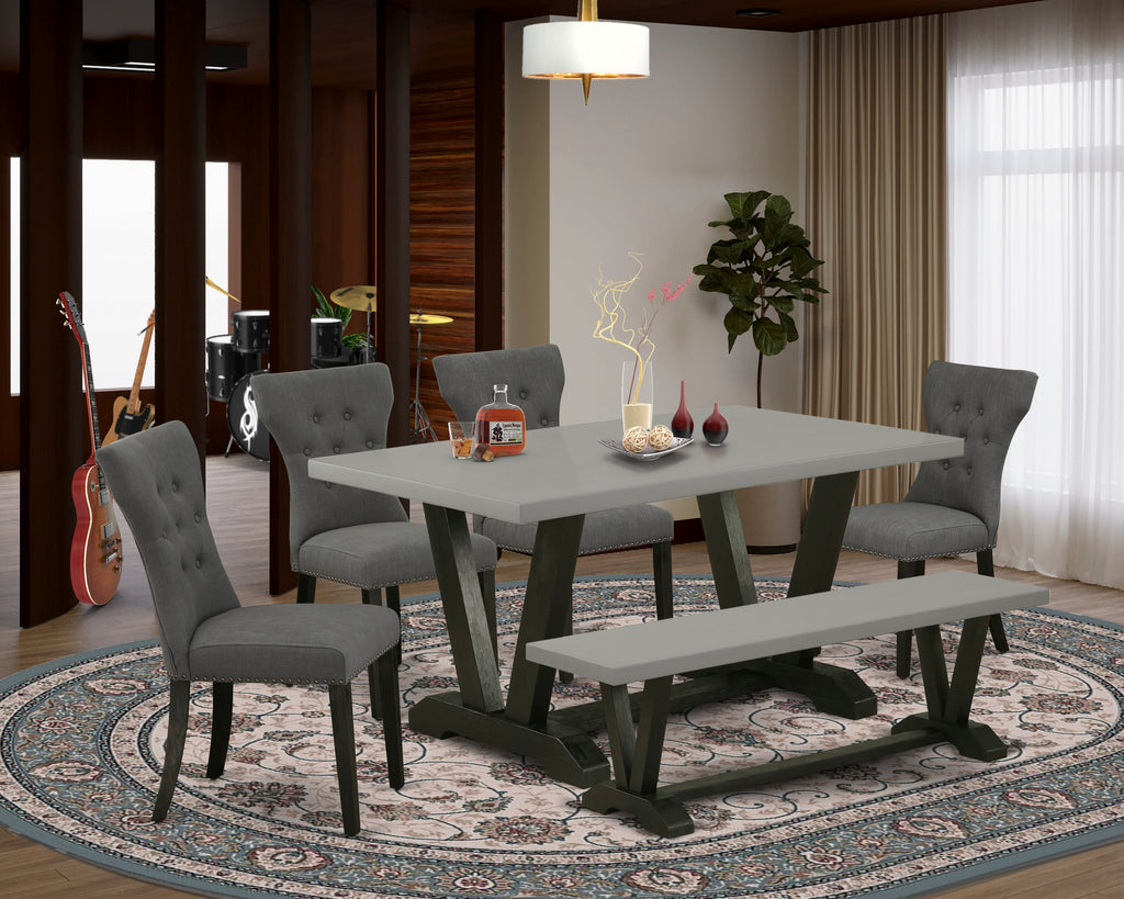 V696G4MC8-1 Set 6-Piece Dining Ensemble with Rectangular Table & V-Legs, 4 Parson Chairs & Bench, Multi-Hued Linen