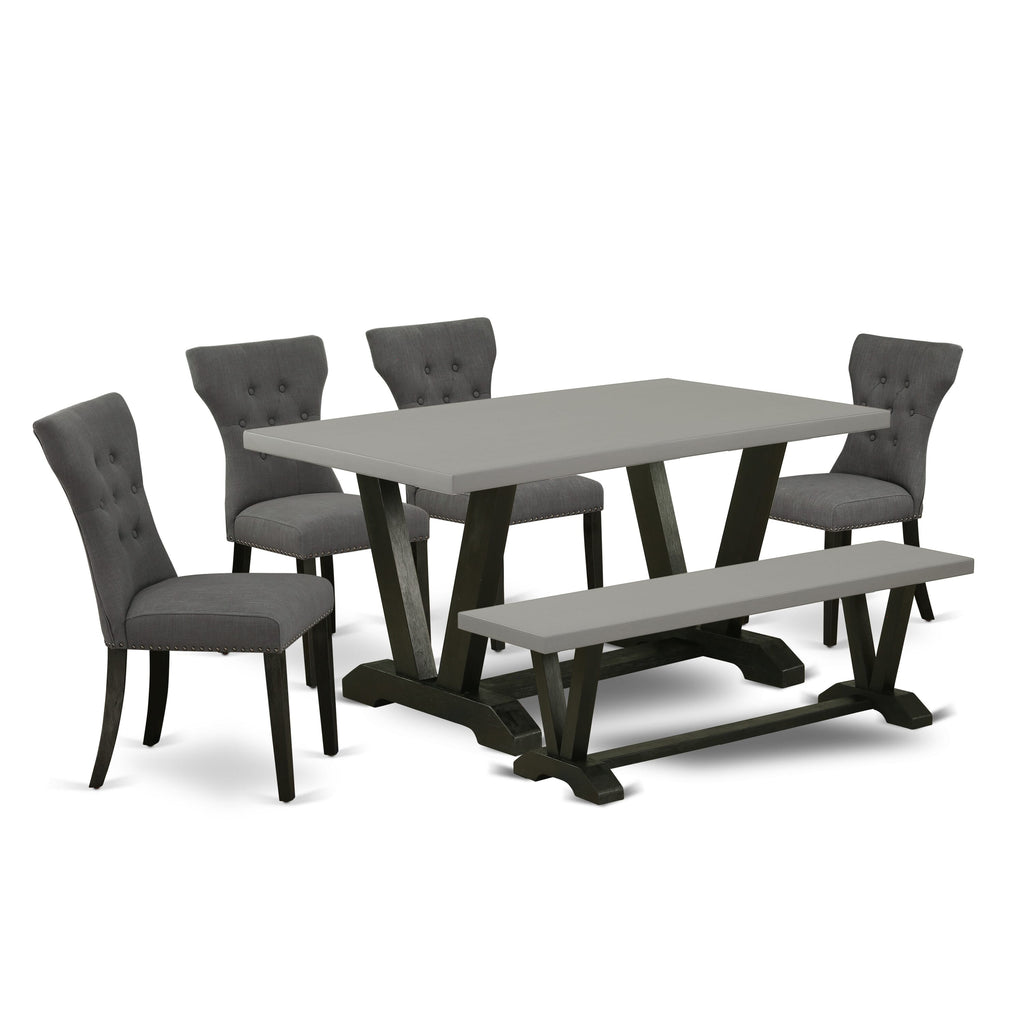 V696G4MC8-1 Set 6-Piece Dining Ensemble with Rectangular Table & V-Legs, 4 Parson Chairs & Bench, Multi-Hued Linen