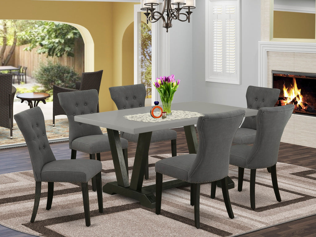 V696GV6K4-1 Chic 7-Piece Dining Ensemble V-Legged Rectangular Table & 6 Stylish Parson Chairs, Rosy Details, 36x60 In