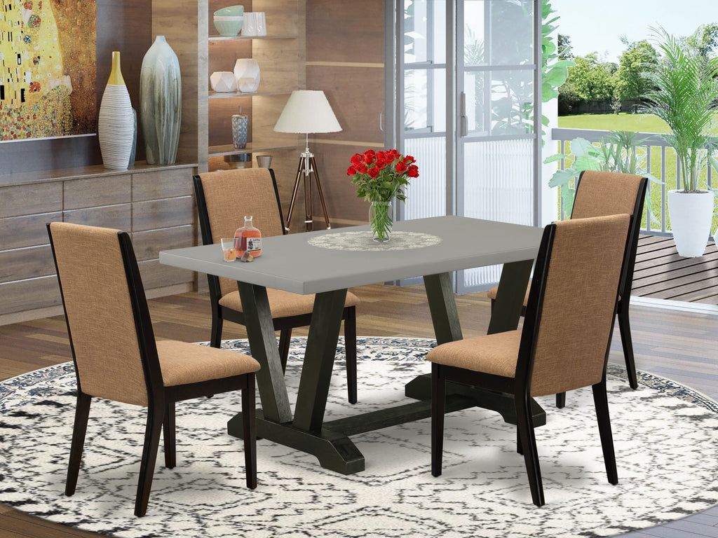 V696LD1BK-S 5-Piece Dining Ensemble Rectangular Table with Stylish V-Legs & 4 Plush Linen Chairs, Multi-Toned 36x60''