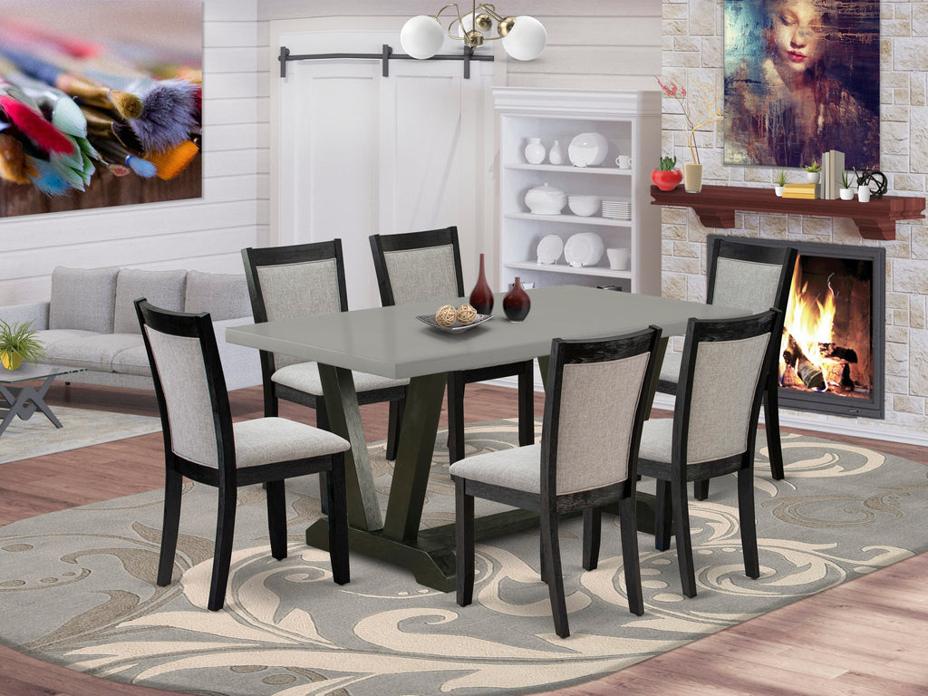 Stylish V696MDUT8-9 7 Piece Dining Ensemble with Rectangular Table, V-Styled Legs, and 6 Upholstered Parson Seats in Shitake Linen