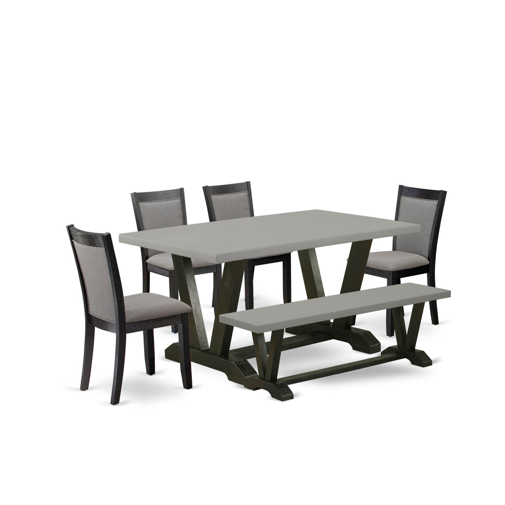 V696M0G90-S 6-Piece Rectangular Dining Set with V-Legs, Linen Fabric Parson Chairs & Bench, Multi-Color, 36x60