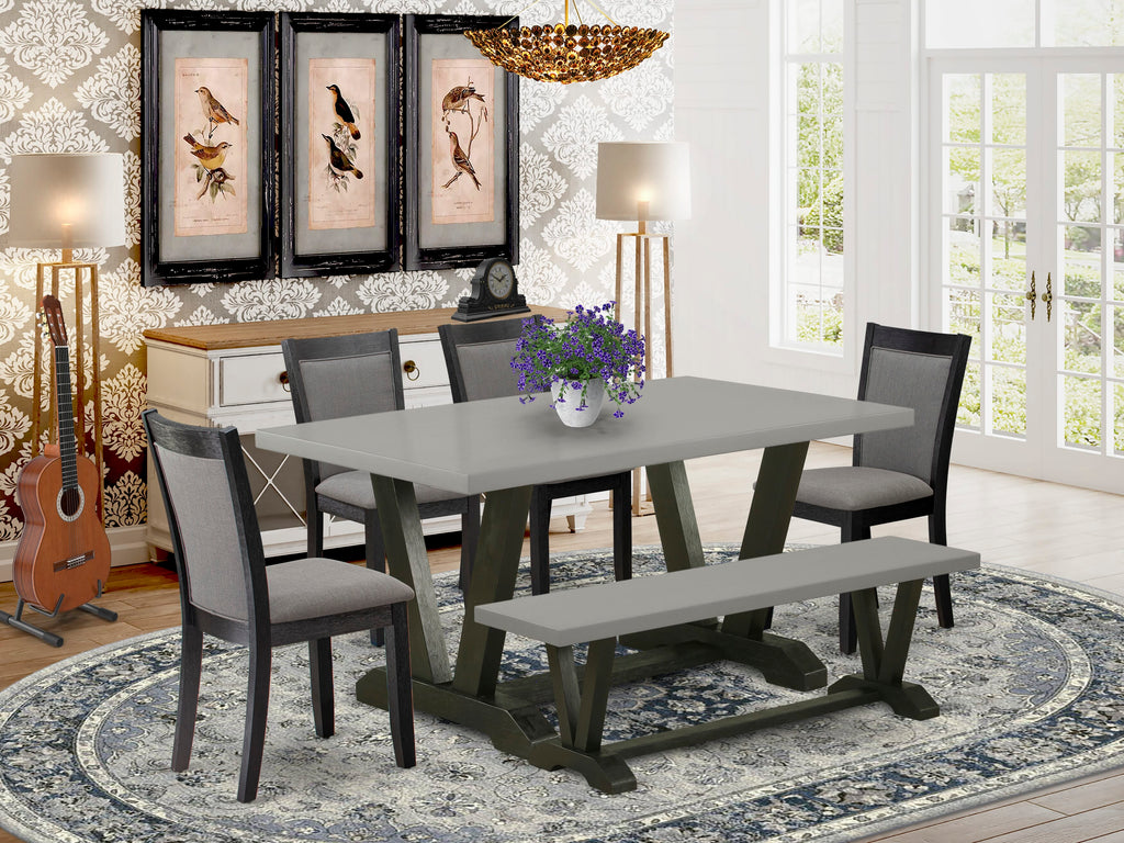 V696M0G90-S 6-Piece Rectangular Dining Set with V-Legs, Linen Fabric Parson Chairs & Bench, Multi-Color, 36x60