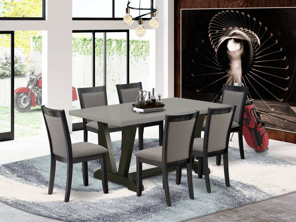 V696M4PYW-C Dining Set of 7 with V-Leg Table and Grey Fabric Chairs - 36x60 Inch, Multi-Color