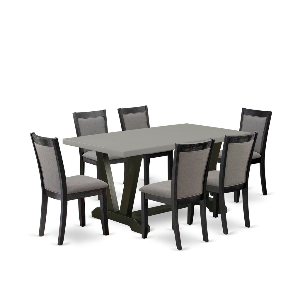 V696M4PYW-C Dining Set of 7 with V-Leg Table and Grey Fabric Chairs - 36x60 Inch, Multi-Color