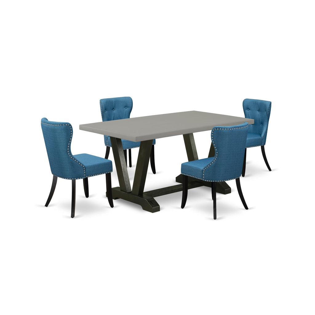 Dining Room Ensemble V696SUFLW-D Includes V-Legged Rectangular Table & 4 Upholstered Blue Chairs, 36x60