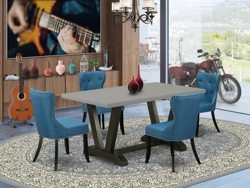 Dining Room Ensemble V696SUFLW-D Includes V-Legged Rectangular Table & 4 Upholstered Blue Chairs, 36x60