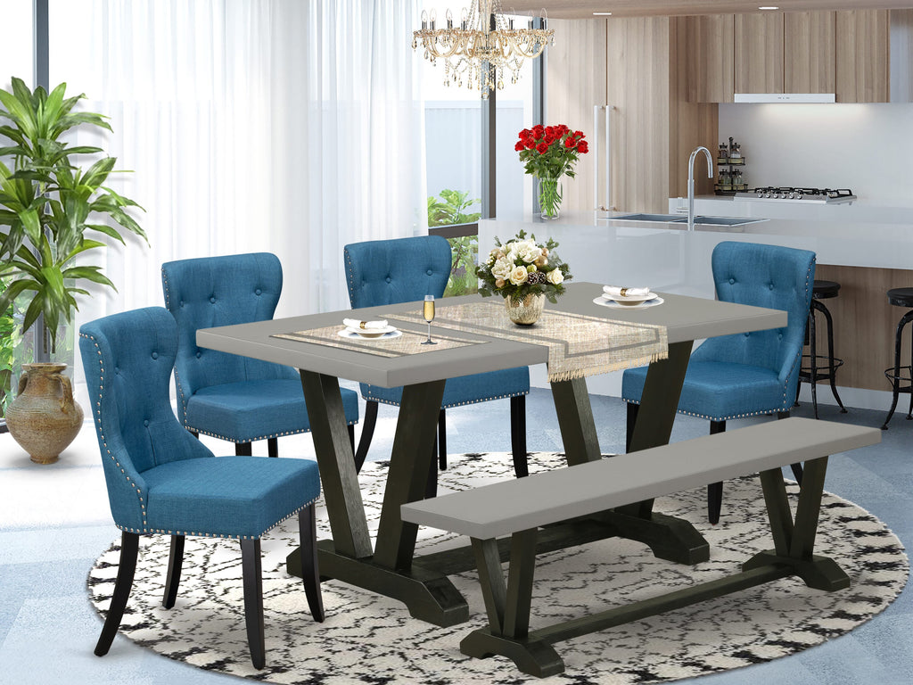 Refined Dining Ensemble V696SC8BM-3 6-Piece Rectangle Table Set with Blue Linen Parsons & Bench