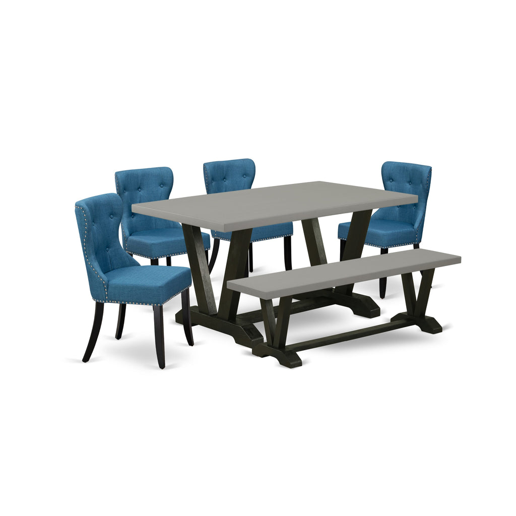 Refined Dining Ensemble V696SC8BM-3 6-Piece Rectangle Table Set with Blue Linen Parsons & Bench