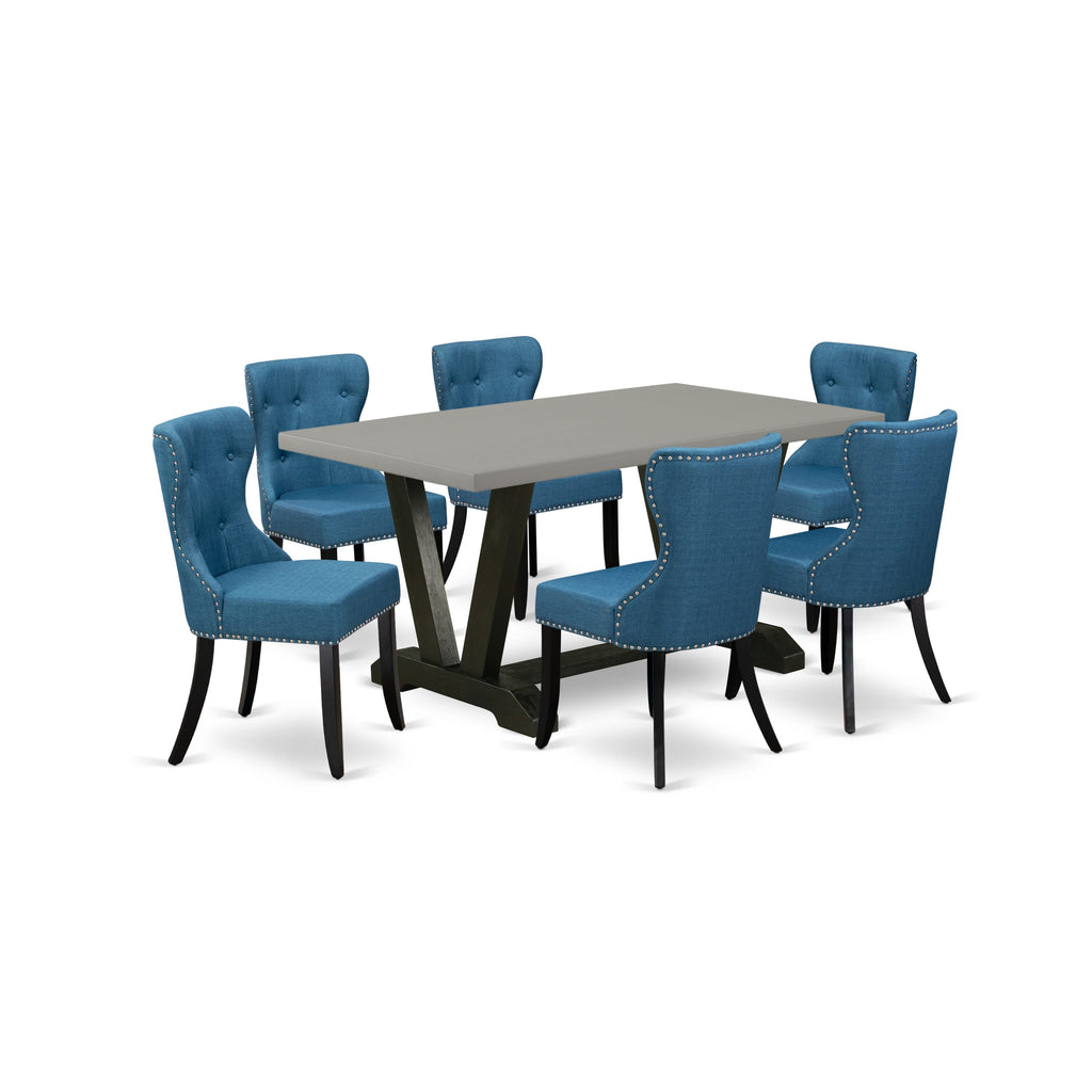 V696S3BTV-L 7-Piece Dining Ensemble Rectangle Table and Linen Parson Chairs, Multi-Color