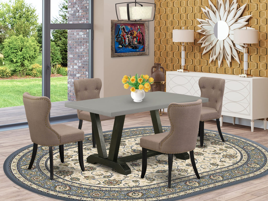 V696SII1R-L 5 Seater Dining Ensemble Rectangle V-Leg Table & Linen Parsons with Coffee Hues