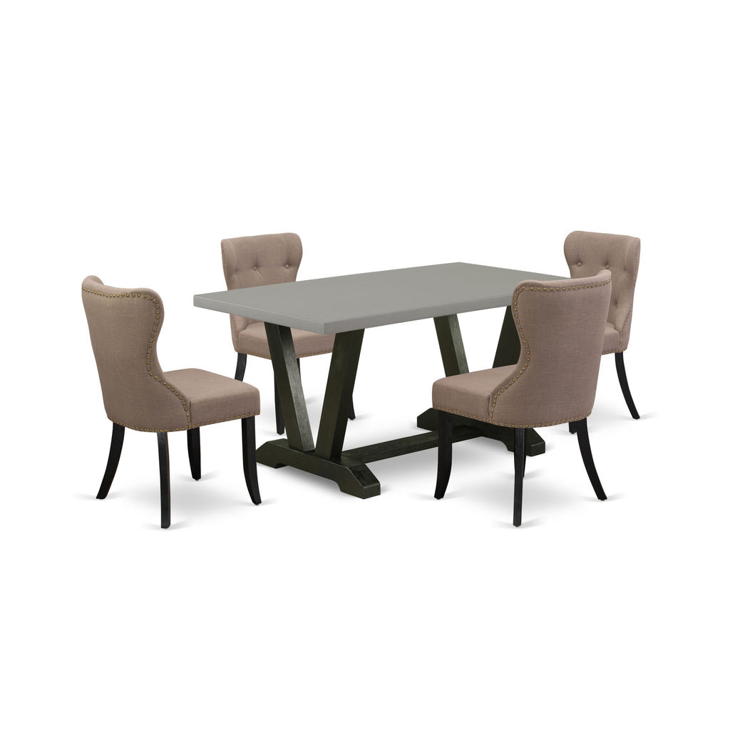 V696SII1R-L 5 Seater Dining Ensemble Rectangle V-Leg Table & Linen Parsons with Coffee Hues